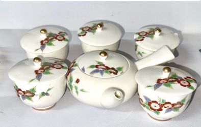 Fukagawa Seiji Arita Ware White Yunomi 6-Piece Kettle and Tea Cup Set Japan