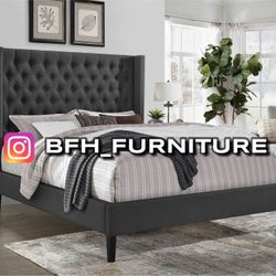 King Size Gray Wingback Button Tufted Bed w. orthopedic Mattress included