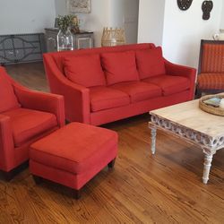 Red Fabric Sofa w/2 Chairs & Ottman