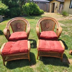 Two (2) Vintage
Pier 1 Imports Azteca Armchair Chairs With Footrests And 2 Sets Of Thick Cushions