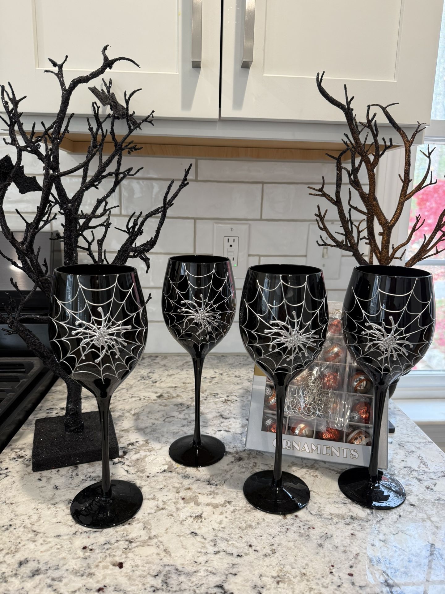 Wine glasses, black, raised spiderweb design! No chips or cracks.