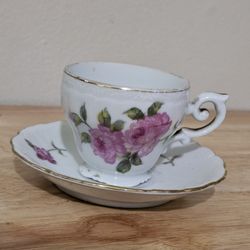 Rose Teacup And Saucer Made In Japan Gold Rim Square Foot Delicate Scroll Work