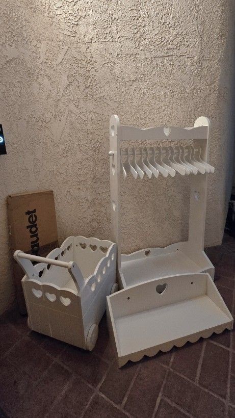 Kids Wooden Sweetheart Dress up Rail With Hangers + Wooden Trolley + 2 Wooden Shelves
