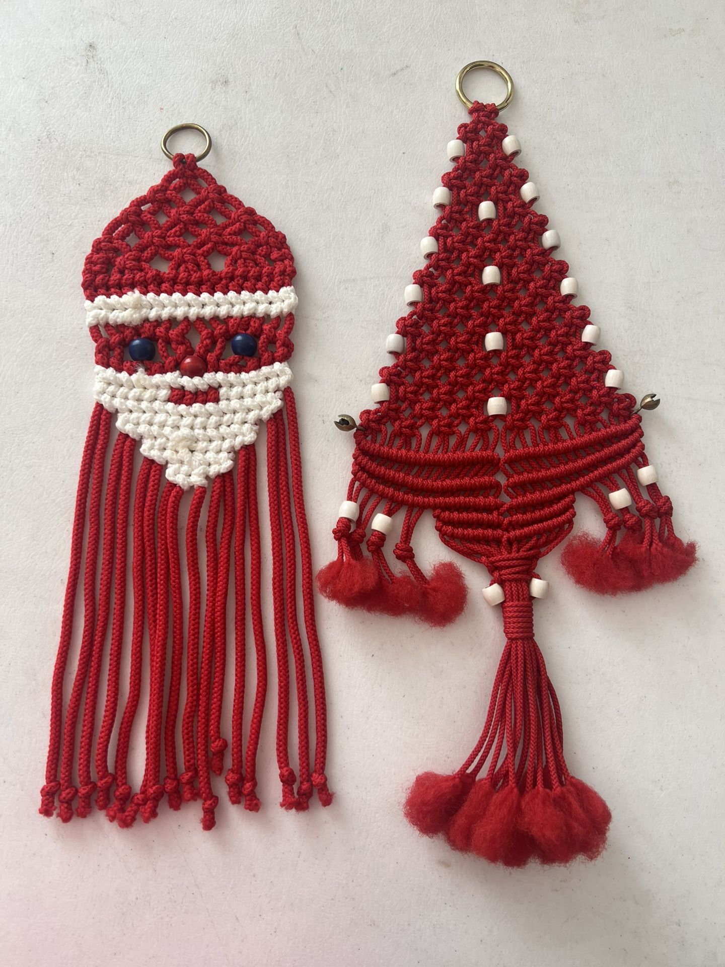Christmas Macrame Santa and Tree with Bells Wood Beads Wall Hanging Boho MCM Vtg