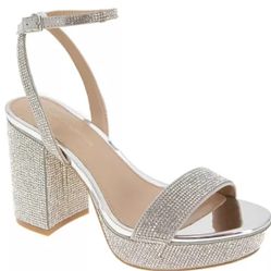 BCBGeneration Silver Pristal Rhinestone Platform Buckle Dress Sandals  - Size 8.5