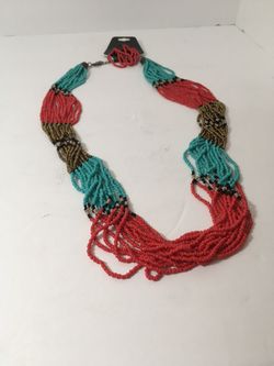 Bright Cheerful Glass Beaded Necklass Red Tourqoise And Golden Beads Dominate This 30”  Necklace Metal Clasp Red Matching Earrings 2”   Used Like New