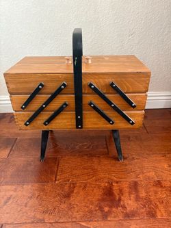 Vintage Wood Accordion Sewing Box with Legs