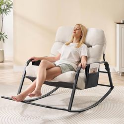 Patio Rocking Chair with Cushion, Papasan Chair with Footrest, Cream White Indoor & Outdoor Rocker Chair for Living Room, Bedroom, Patio, Garden