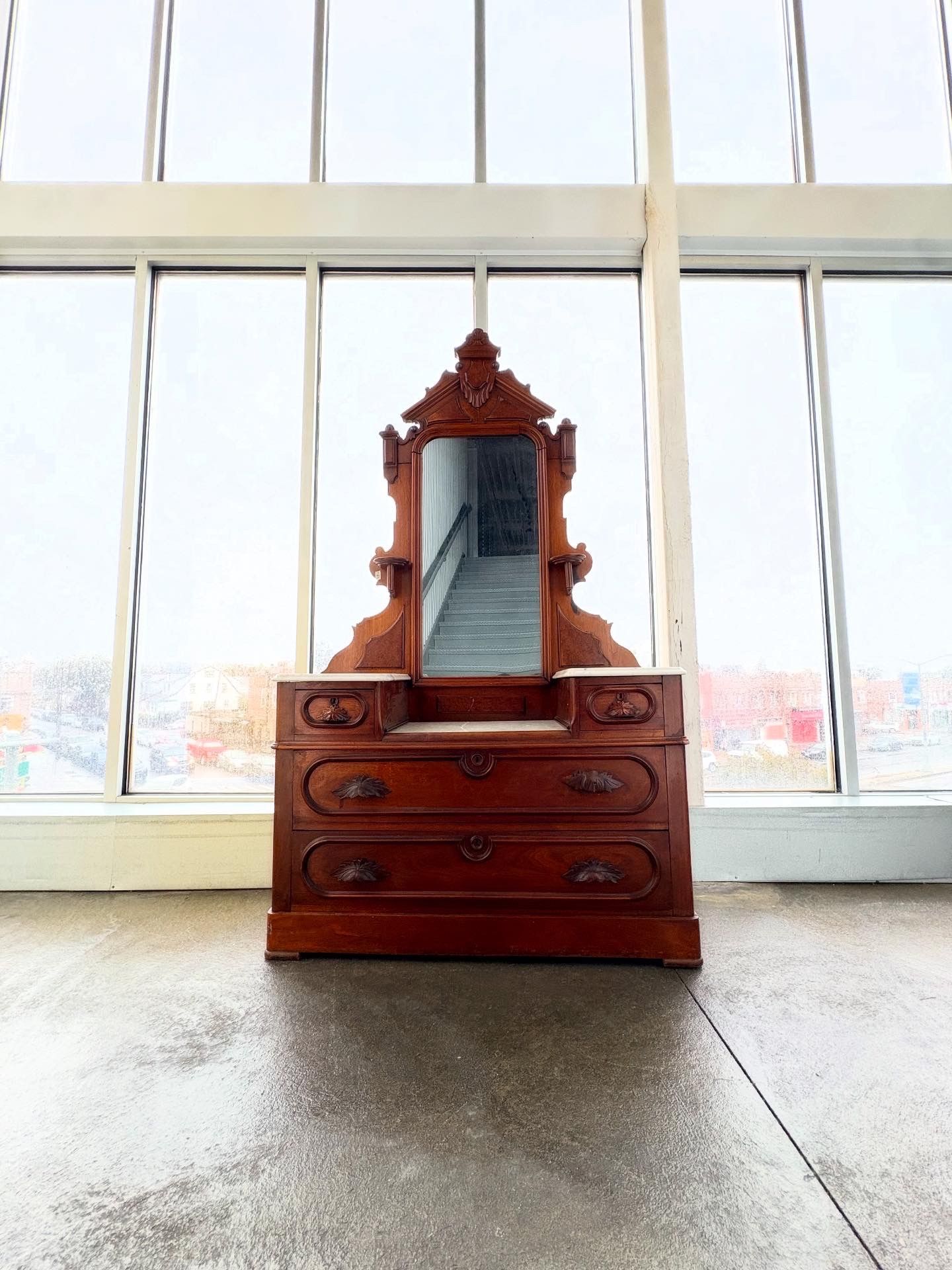 Vintage Victorian Marble Top Traditional Midcentury Modern Minimalist Brown Wood Dresser Chest Of Draws with Removable Mirror