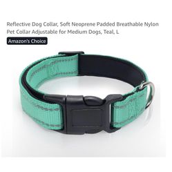 Brand new Large 14”-20” Reflective Dog Collar, Soft Neoprene Padded Breathable Nylon Pet Collar Adjustable for Medium Dogs, Teal, L  Whitestone/Flushi