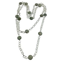 Ocean Jasper Flapper Necklace, 41 in, Stations Satellite Chain, Silver Tone Metal, Metaphysical Green Stone, Base & Heart Chakras, Vintage