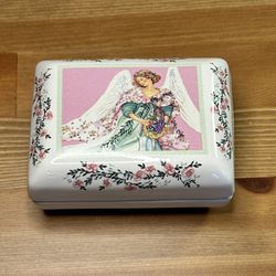 Vintage Ceramic Dayspring Cards Angel Trinket Box Pink Floral T9675 Taiwan 1984