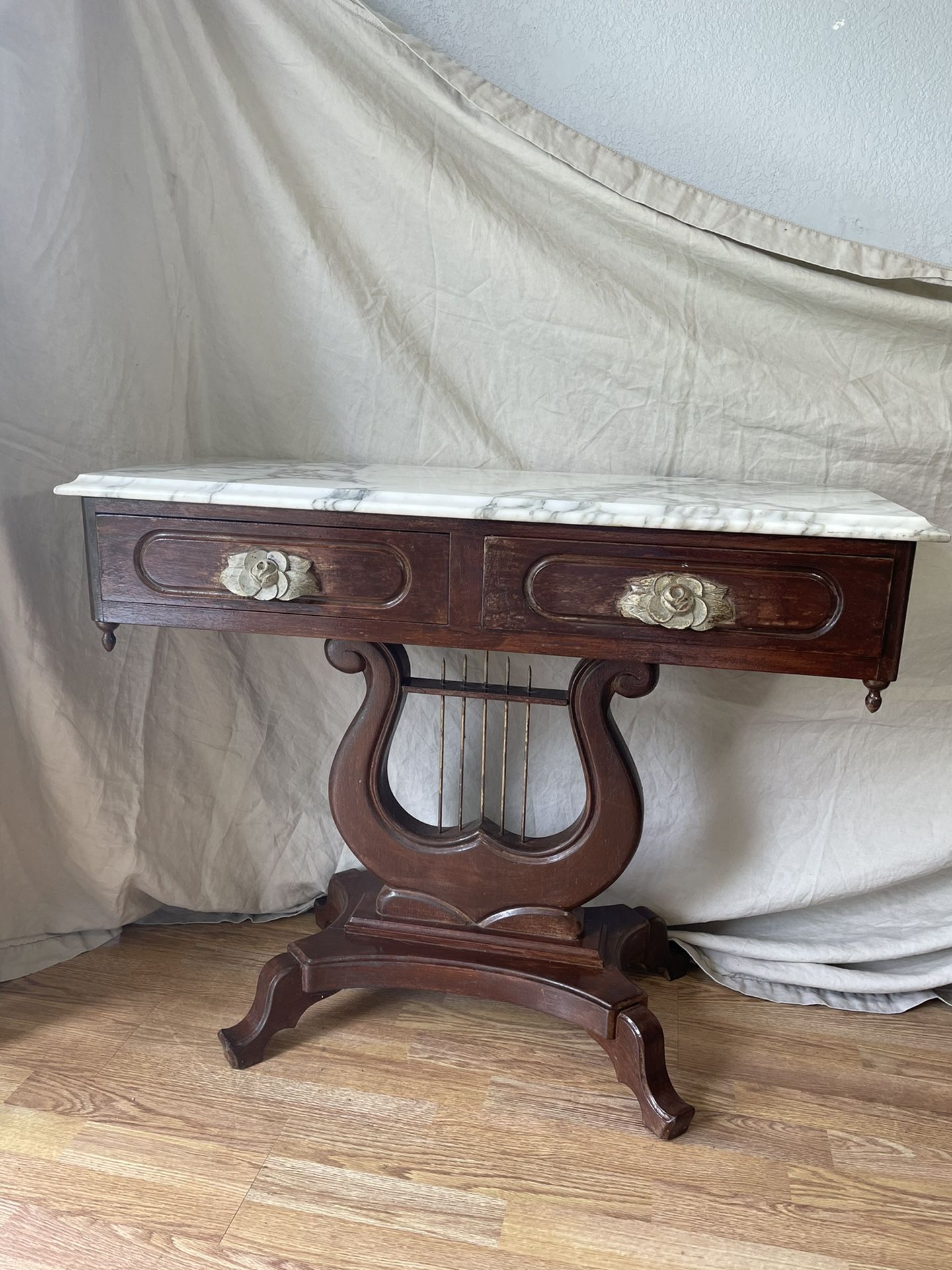 Vintage Victorian Mahogany Marble Top Lyra Harp Base Console Entryway