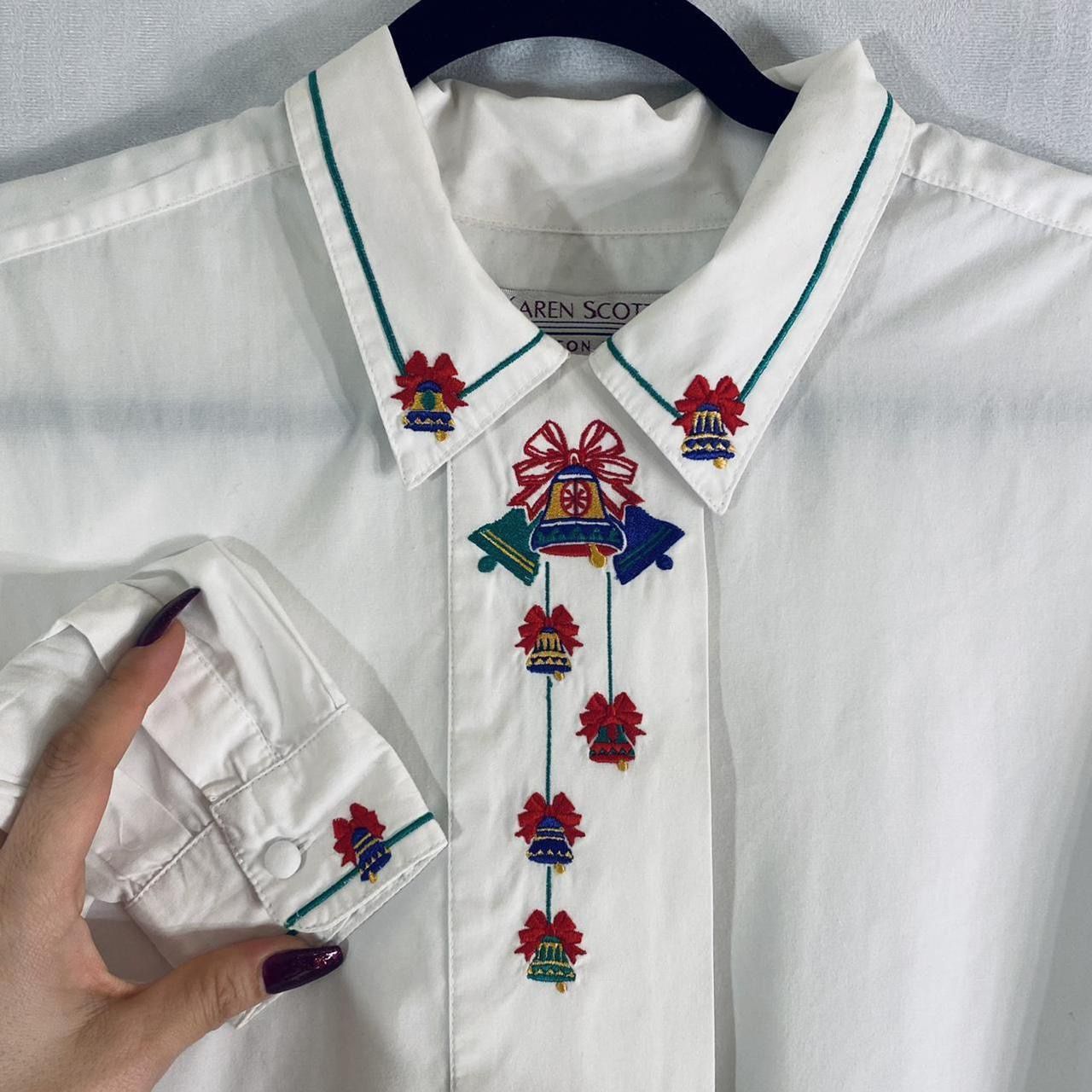 karen scott vintage holiday white button up dress shirt w embroidery
