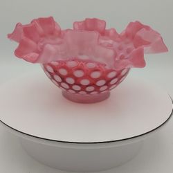Gorgeous Vintage Fenton Opalescent Cranberry Glass Bowl With Hobnail Pattern 
