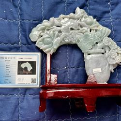 Certified Natural hand carved Jade Jadeite Vase Flower Feng Shui Statue 