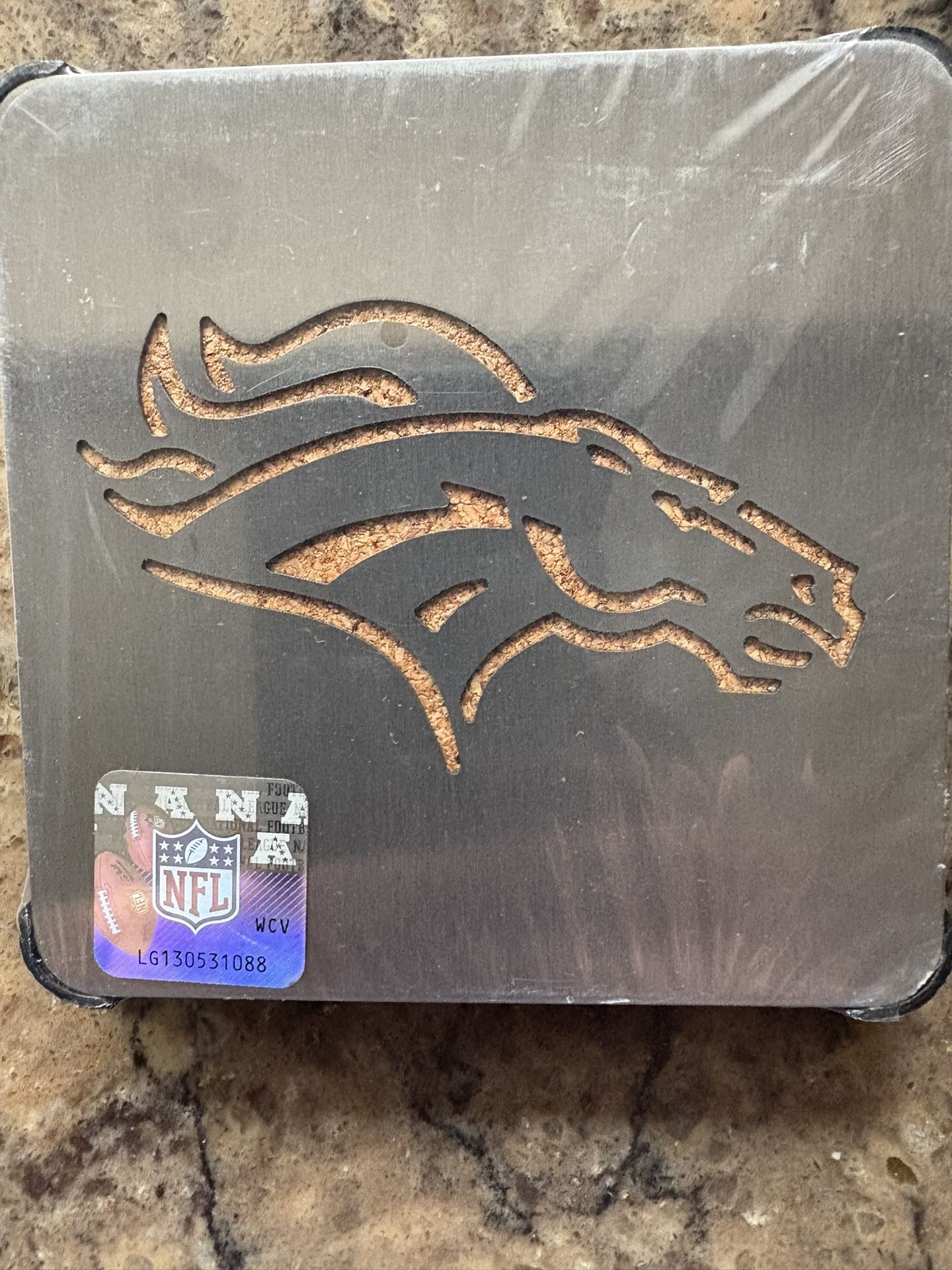 Denver Broncos Official NFL Laser Cut Metal And Cork Coaster Set