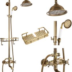 gotonovo Bathroom Exposed Shower Faucet Outdoor Shower System 8 Inch Rainfall Shower Head Set with Tub Spout and Handheld Spray Double Cross Handles W