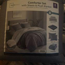 NEW King Size 8-Piece Comforter Set w/ Sheets & Blanket (Grey)