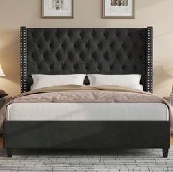 Queen Velvet Upholstered Headboard Bed