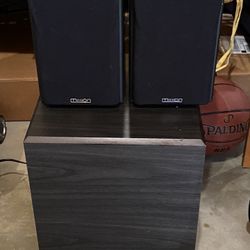 Acoustic Audio Powered Subwoofer 15”  Includes Cable, And 2 Mission Bookshelf  Speakers  