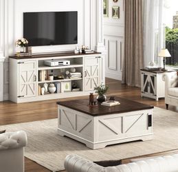 75" Farmhouse TV Stand with Power Outlets for 85 Inch TVs, 33" Tall Entertainment Center with Storage Cabinets w/Adjustable Shelves, Rustic Large TV M