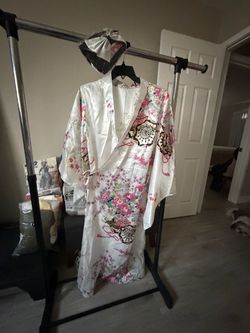 White Satin Floral Kimono Robe
