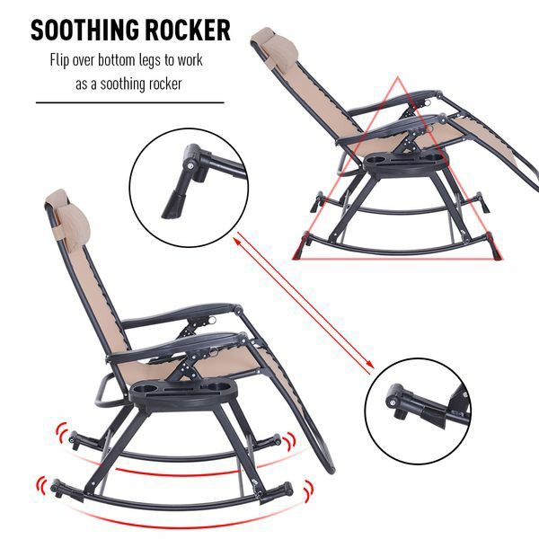 Folding Zero Gravity Rocking Lounge Chair with Cup Holder Tray - Beige