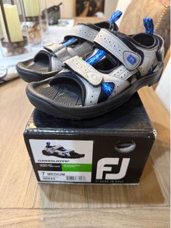 FootJoy FJ Golf Sandals Soft Spikes Tan Blue Adjustable Straps
