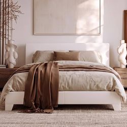 Allewie Queen Size Upholstered Bed Frame Adjustable Headboard, White