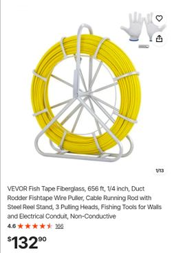 VEVOR Fiberglass Fish Tape 656 ft with Steel Reel Stand