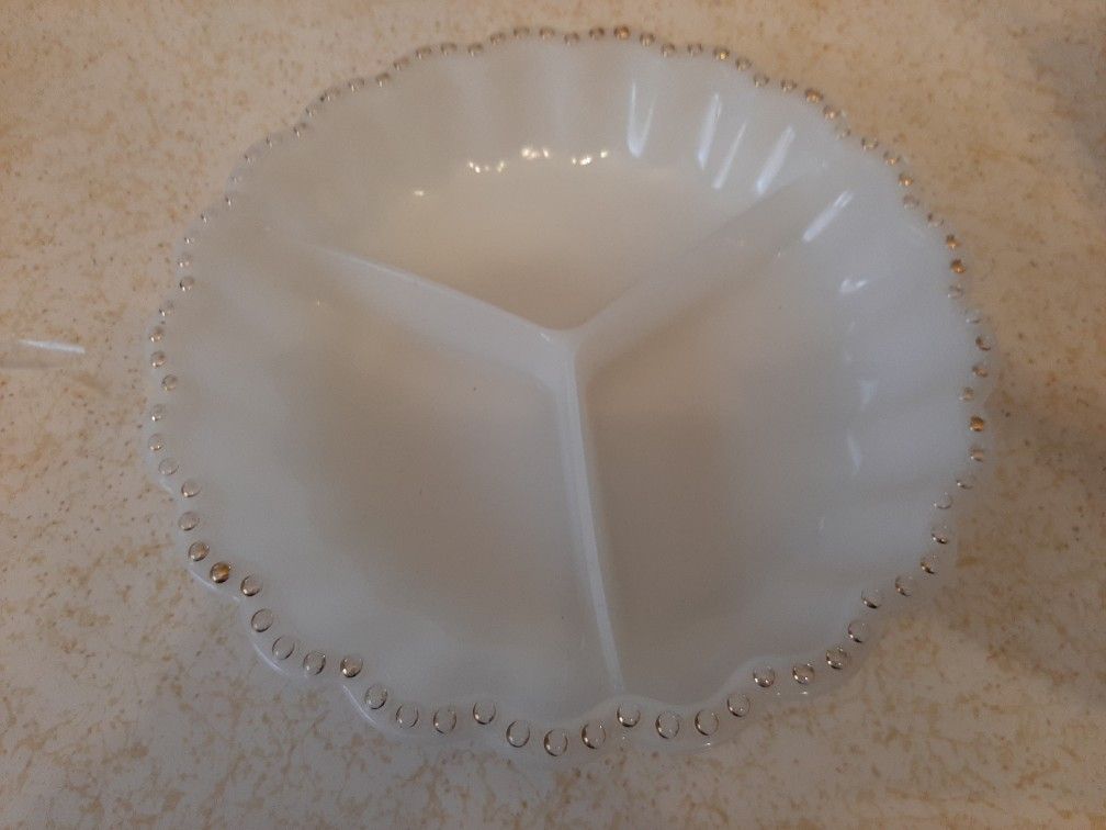 Milk glass appetizer dish. gold beaded top edges