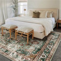 10x14 Area Rug Indoor Non-Slip Green Large Carpet Thin Soft Washable Living Room Bedroom