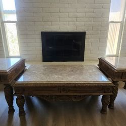 Granite Top Beige Wood Coffee Table Set