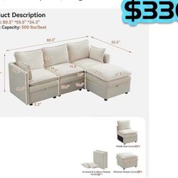 😀 80" Cloud Modular 3 Seater Sofa with Storage Ottoman, Modern Upholstered Storage Sofa Couch Deep Seat, L Shape Sectional Sofa Chenille Comfy Couch 