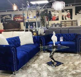 Beautiful Royal Blue Velvet Sofa And Loveseat For Sale