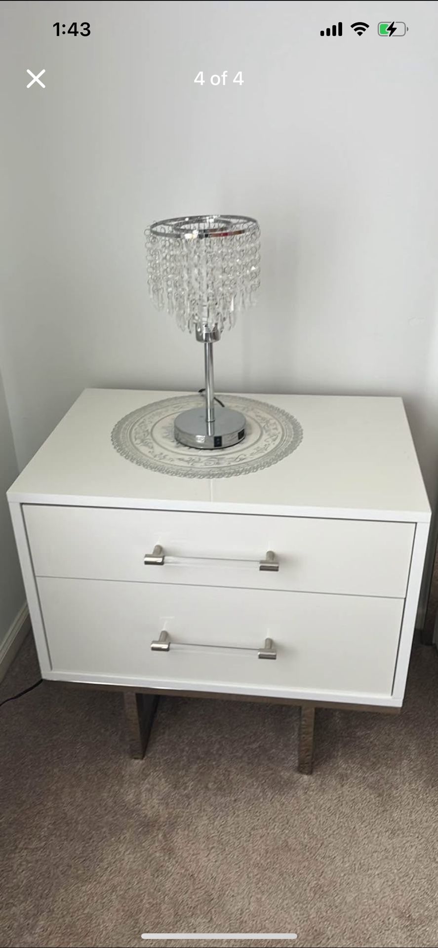 Queen bed, white dresser and 2 nightstands as well