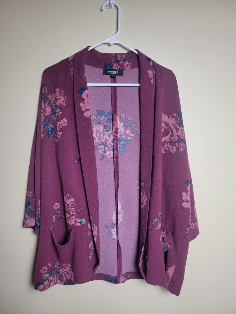 Chelsea Studio Floral Print Open Front Jacket 3/4 Sleeve Size M  