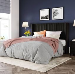 Queen Size Velvet Bed Frame/Vertical Channel Tufted Wingback Headboard/Upholstered Platform Bed/Strong Wooden Slats/No Box Spring Needed/Easy Assembly