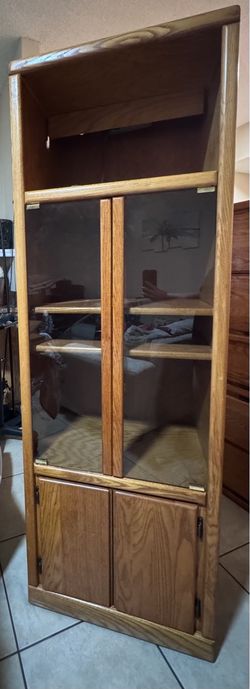 Solid Oak Curio Display & Media Cabinet with Glass Doors