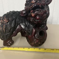 Wood Hand Carved Foo Dog Guardian Lion with Ball Lacquered Statue vintage. Note some of the lacquer is fading and may or may not need touching up depe