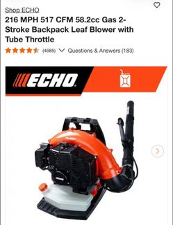 Echo 216 MPH 517 CFM 58.2cc Gas 2-Stroke Backpack Leaf Blower with Tube Throttle like new