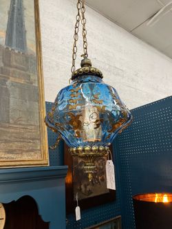 Vintage Blue Glass & Gold Overlay Swag Lamp
