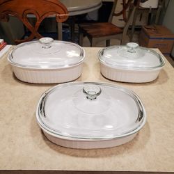 3 Corningware French White Casserole Dishs w/glass lids