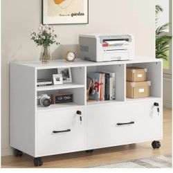 Cabinet with Lock, Lockable Rolling Filing Cabinet with Storage Shelves, Printer Stand Office Storage for Home Office Fits Files Legal/A4,White