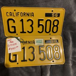 1956 California License Plates, (2), Yellow W/black Lettering