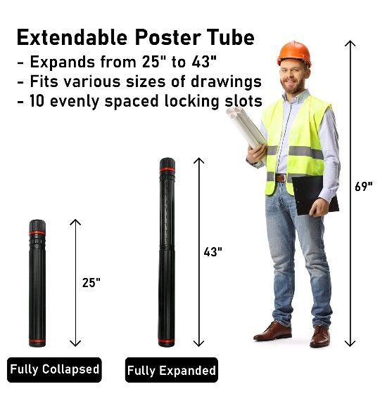 Carry Case Tube For Art Posters Drawings Extendable Telescoping Black Plastic