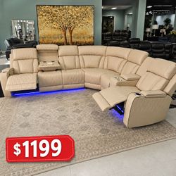 Beige Power Leather Reclining Sectional Sofa with LED Lights