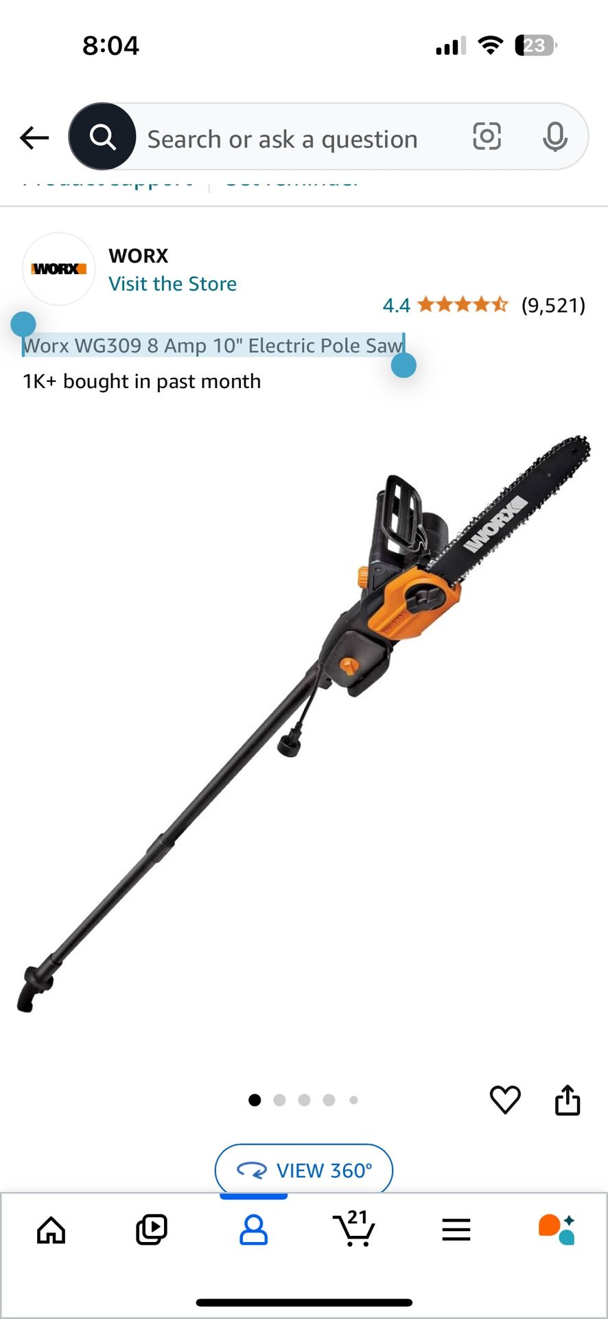 Worx WG309 8 Amp 10" Electric Pole Saw
