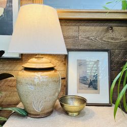 Vintage 70s Stoneware Floral Table Accent Lamp Boho Beige Tan Ombre Ceramic Handmade